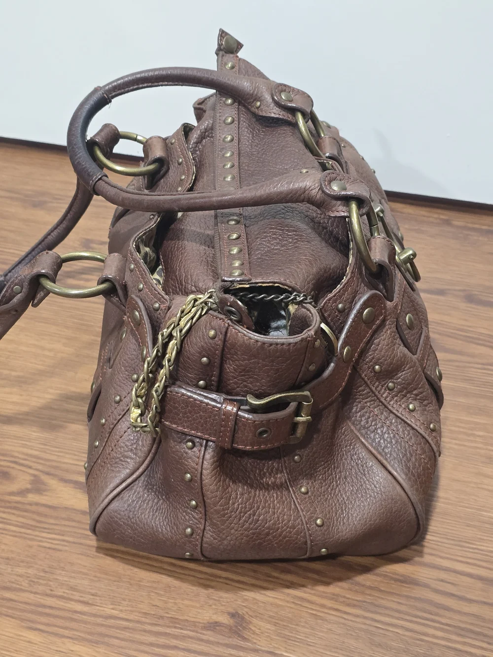 VTG Betsey Johnson Brown Leather Door Knocker Satchel Bag Y2K Rare